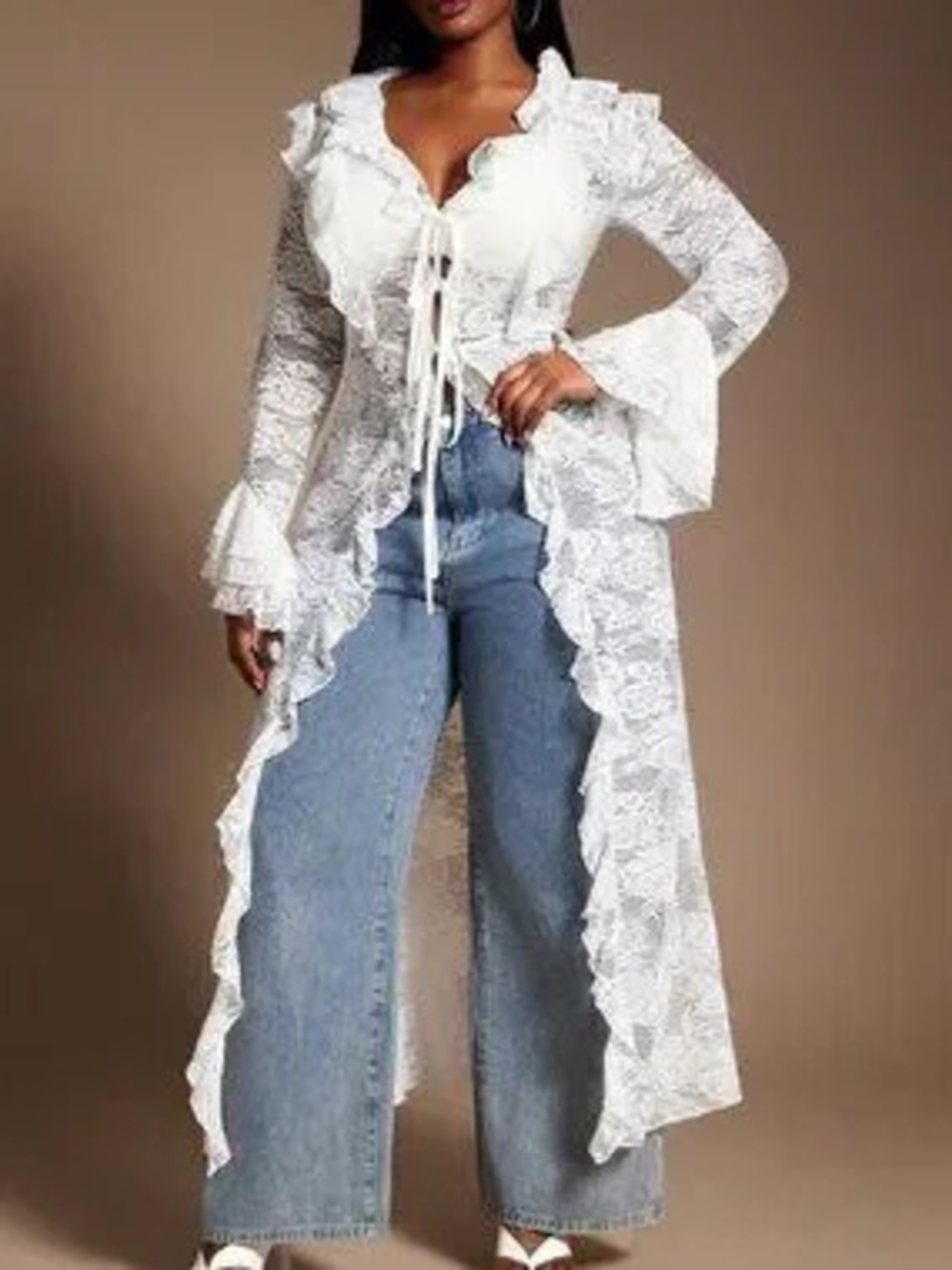 White Casual Women's Plus Size Sheer Lace Ruffle V-neck Long Kimono Cover Up